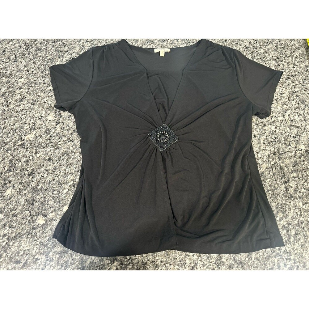 Choices Woman 1X Black Lightweight Embellished Gathered Work Blouse